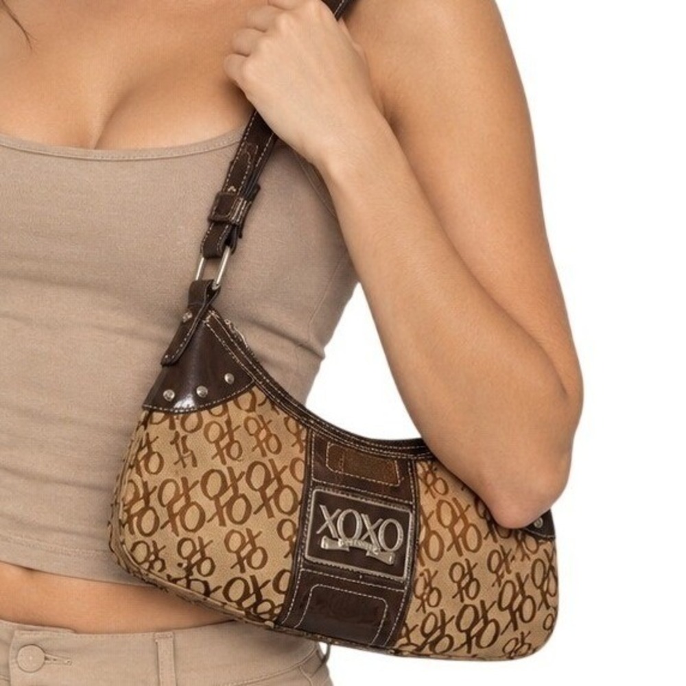 Y2K Monogram Logo XOXO Hobo Shoulder Bag Brown Canvas Faux Leather Trim Vintage